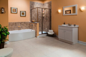 a newly remodeled bathroom with bathtub and shower system